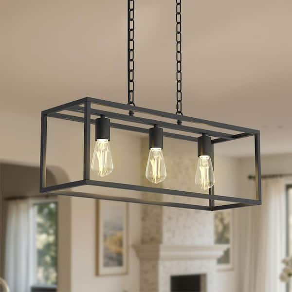3-Light Matte Black Farmhouse Kitchen Island Lighting, Modern Rectangular Chandeliers for Dining room Foyer