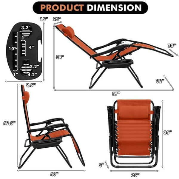 Outdoor Folding Zero Gravity Metal Reclining Lounge Chair in Orange