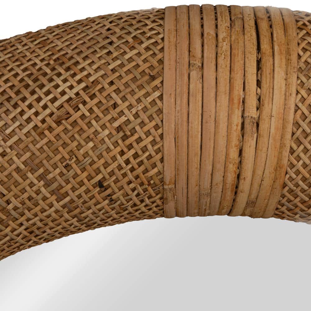 Natural Handwoven Rattan and Wood Round Wall Mirror