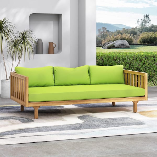 Unbranded 32 in. D x 67.5 in W x 24 in. H Brown Wood Outdoor Loveseat with Green Cushions for Patio, Poolside, Garden Backyards