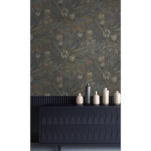 Navy Bold Leaves and Protea Flowers Tropical-Shelf Liner Non-Woven Non-Pasted Wallpaper (57 sq. ft.) Double Roll
