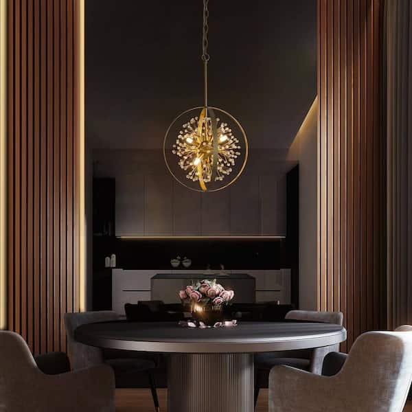 Modern Glam Gold Crystal Globe Dining Room Chandelier, 4-Light Bedroom Kitchen Island Transitional Sputnik Pendant Light
