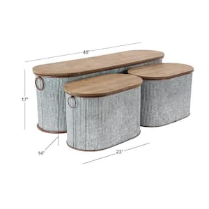 Brown Storage Bench with Brown Wood Top (Set of 3)