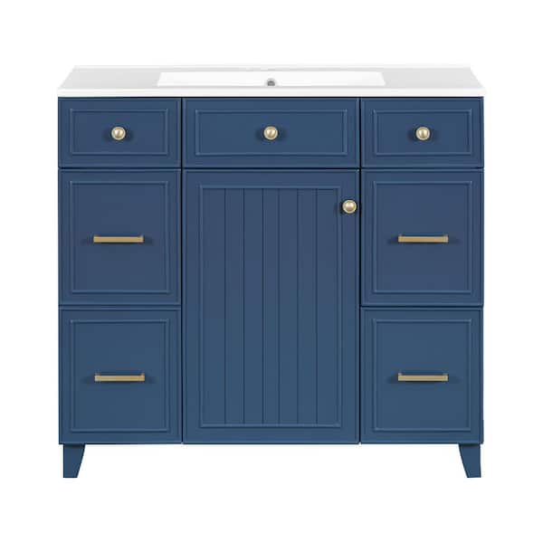 Virubi 36 in. W Single Sink Bath Vanity in Navy Blue with White Ceramic Top, 3-Drawers, Solid Wood Frame