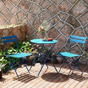 3-Piece Steel Frame Round Table Patio Outdoor Bistro Dining Set, Foldable Patio Table and Chairs Furniture, Peacock Blue