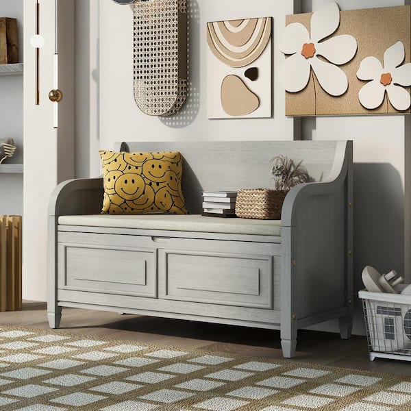 Rustic Style Wood Entryway Storage Bench Ottoman Gray Dining Bench with Beige Cushion 42 in.