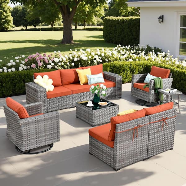 HOOOWOOO Tahoe Grey 9-Piece Wicker Outdoor Patio Conversation Sofa Set with Swivel Rocking Chairs and Orange Red Cushions