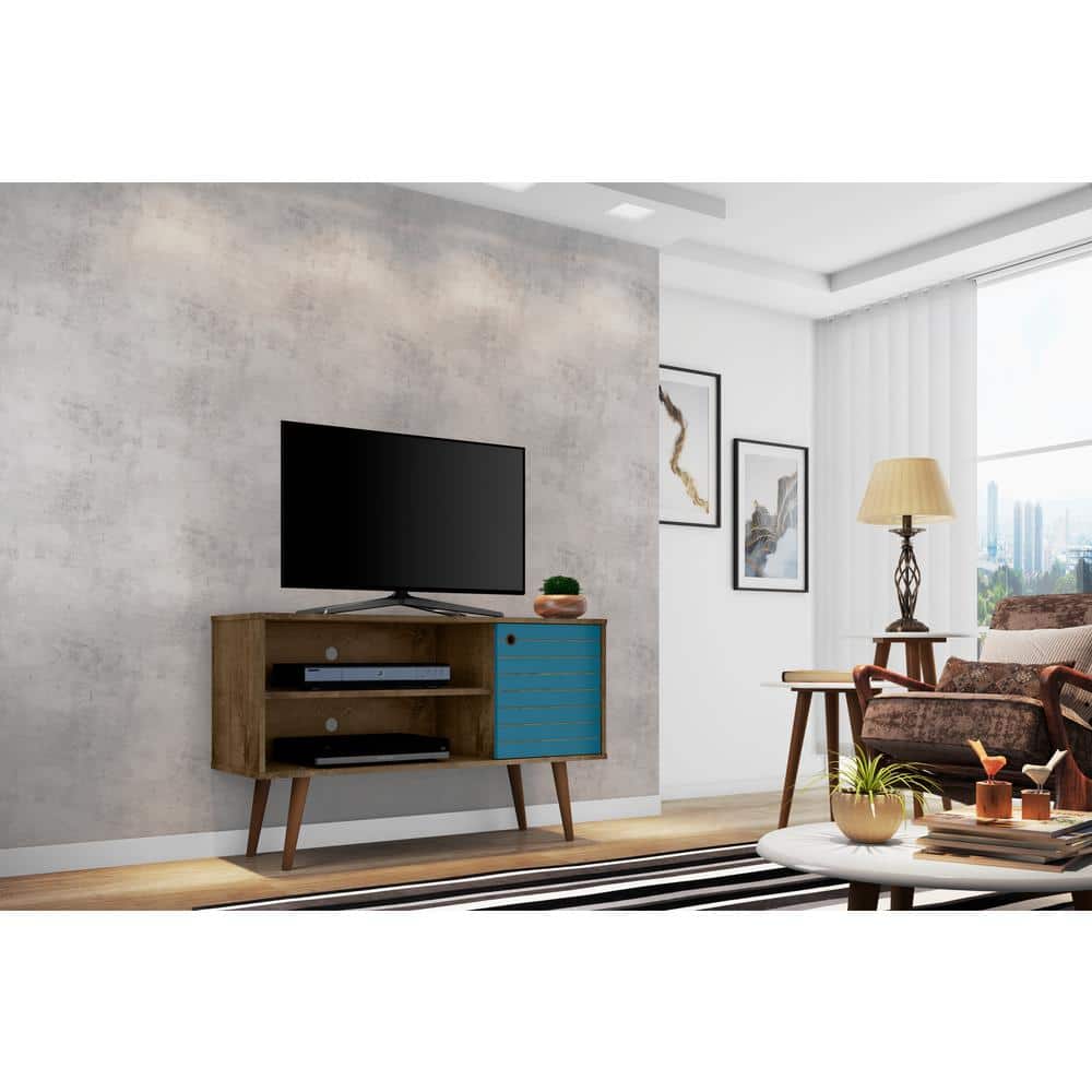 Rustic Brown and Aqua Blue 43" Wood TV Stand with Cabinet
