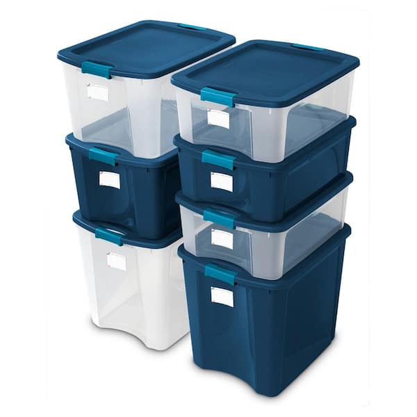 Sterilite 18 Gal Latch and Carry, Stackable Storage Bin with Latching Lid,  Plastic Tote Container to Organize Closets, Blue with Blue Lid, 12-Pack