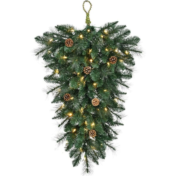 36 in. Pine Teardrop Artificial Christmas Wreath with Pinecones and Warm White LED Lights