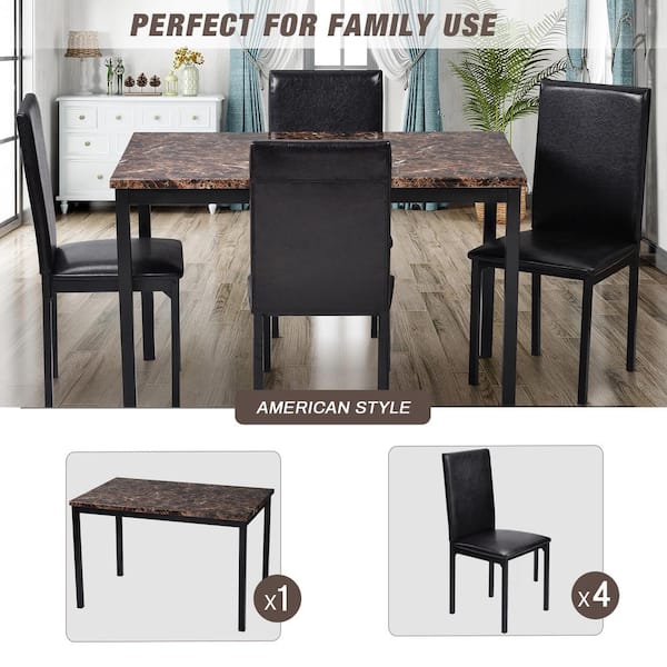 5 Piece Brown Kitchen Dining Set, Marble Table With Leather Chairs