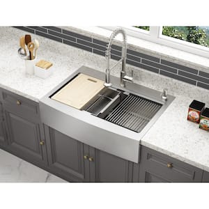 Blanchard Retrofit Workstation Dual Mount Stainless Steel 33 in. 2-Hole Single Bowl Curved Front Apron Kitchen Sink