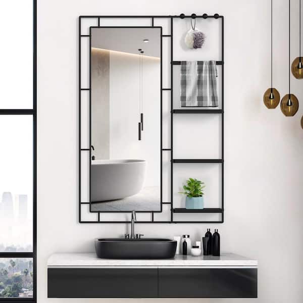 YESSKY DOWELL ENTER LLC Black 30 x 44 in. Modern Vanity Mirror with Multi-functional Shelf, Rectangle Metal Framed Wall Mirror for Bathroom
