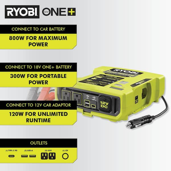 RYOBI ONE+ 18V 800-Watt Max 12V Automotive Power Inverter with Dual USB  Ports RYi8030A - The Home Depot