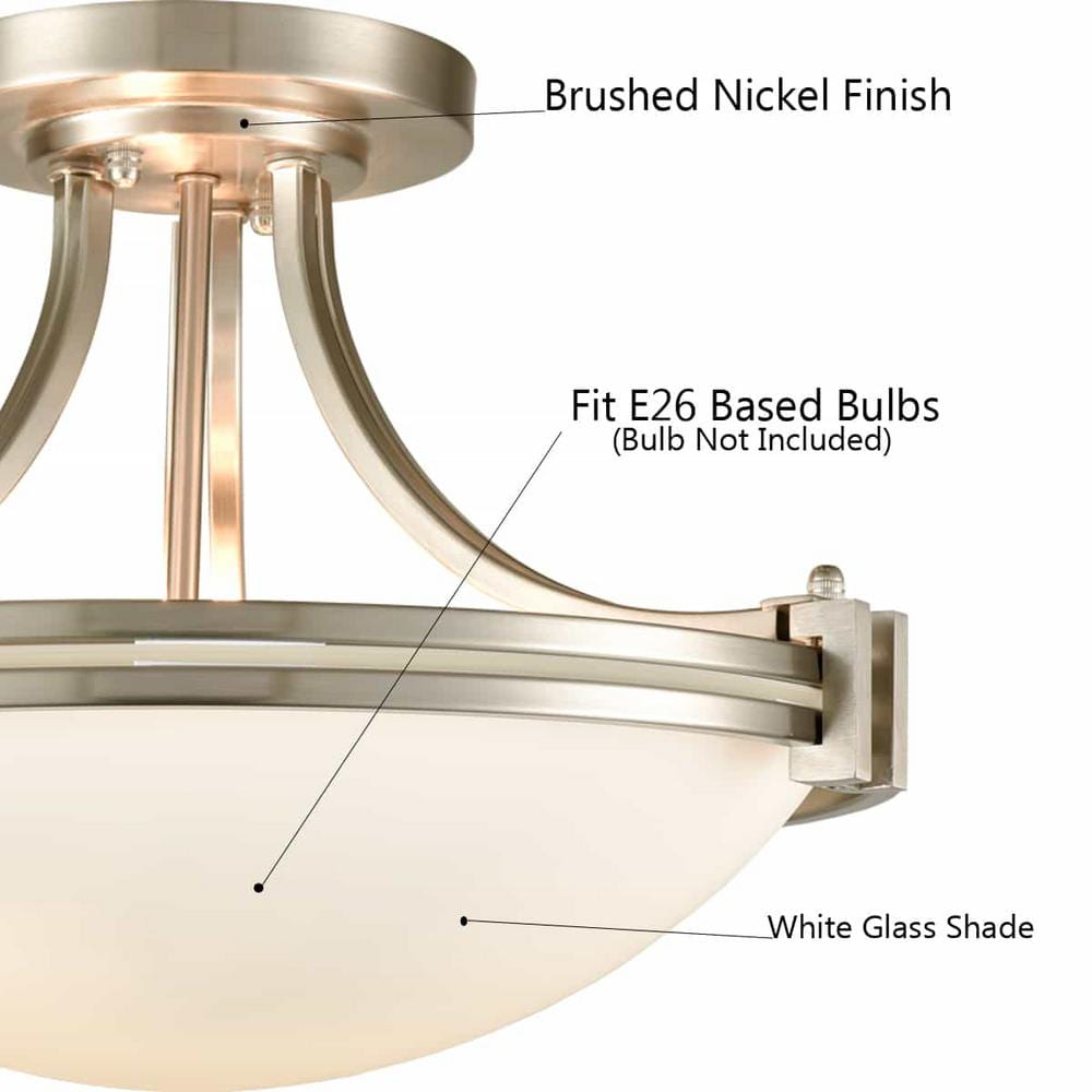 Brushed Nickel Semi Flush Mount Ceiling Light with White Glass Shade