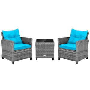 3-Piece Wicker Patio Rattan Conversation Set with Turquoise Cushions