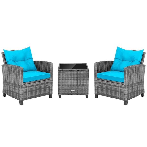 HONEY JOY 3-Piece Wicker Patio Rattan Conversation Set with Turquoise Cushions