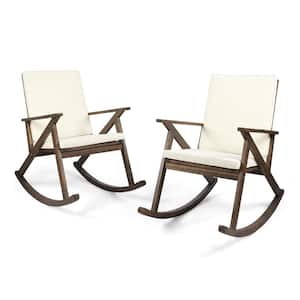 Gus Dark Brown Wood Outdoor Rocking Chairs with Cream Cushions (2-Pack)
