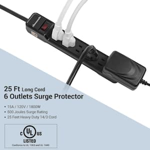 25 ft. 6-Outlet Power Strip Surge Protector, 500 J in Black (2-Pack)