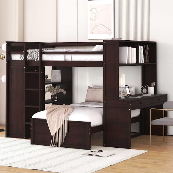 Espresso Full Size Loft Bed with a Twin Size Stand-Alone Bed, Shelves, Desk and Wardrobe