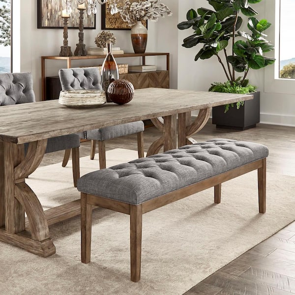 HomeSullivan Gray Wash Finish Grey Premium Tufted Reclaimed Look 52-in. Upholstered Bench 53.5 in.W x 16 in. D x 19 in. H