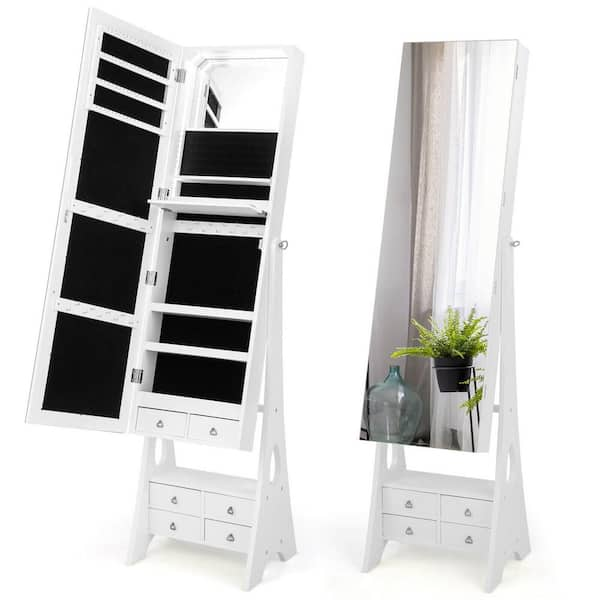 16 in. W White MDF Freestanding Jewelry Armoire with 6 Drawers,Full Length LED Mirrored