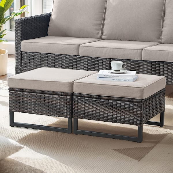 Brown Wicker Outdoor Ottoman with Metal Legs, Rattan Ottoman with Beige Cushions for Patio Porch (2-Pack)