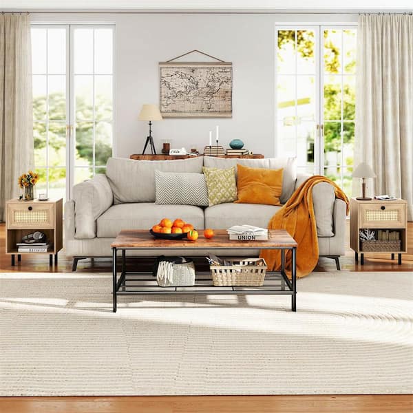 1-Pieces Natural 1 Drawer 16 in. W Rattan Nightstand Boho End Table with Drawer and Open Shelf for Living Room