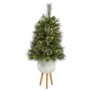 4 ft. Golden Pre-Lit Pine Artificial Christmas Tree with 50 Clear Lights, Pine Cones & 148 Bendable Branches in Planter