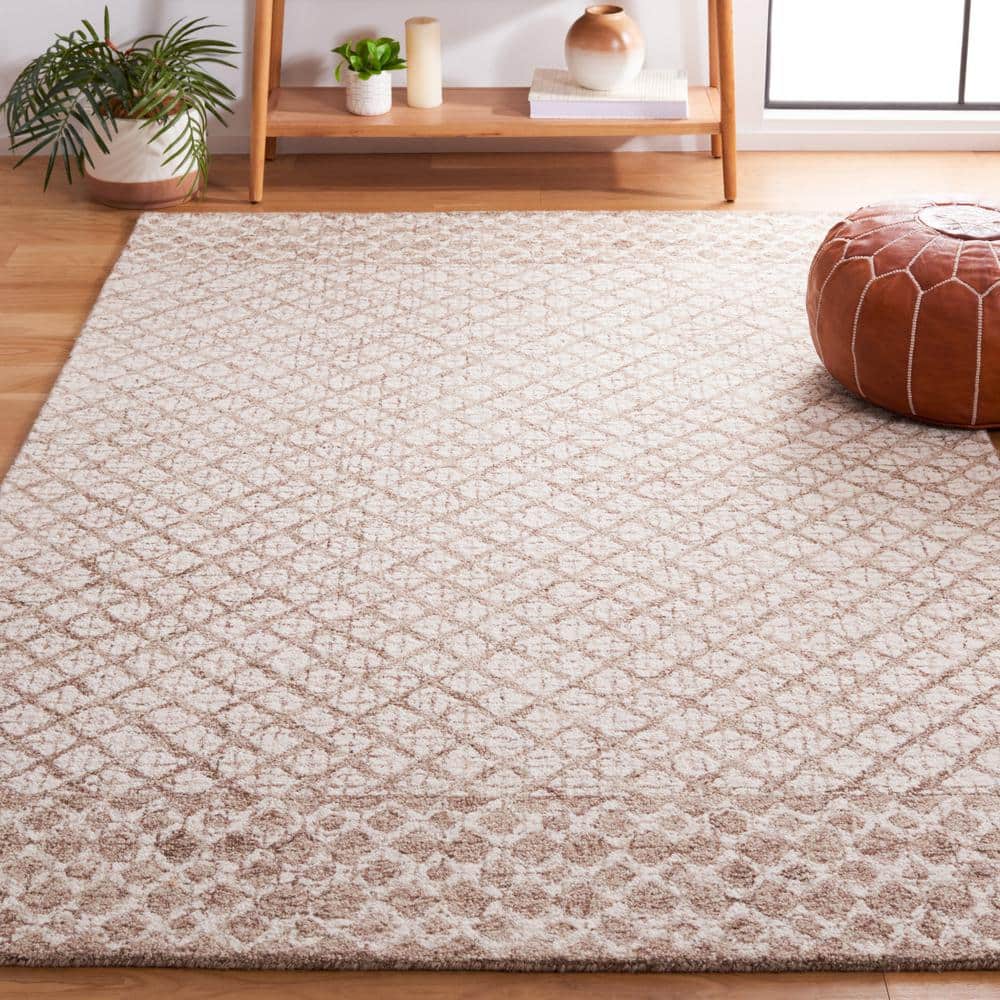 Ivory and Brown Handmade Abstract Wool Area Rug