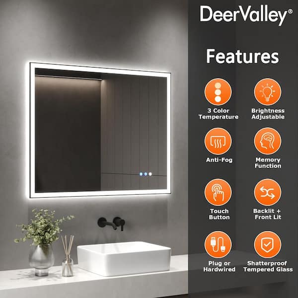 40 in. W x 32 in. H Rectangular Framed LED Light Anti-Fog Wall Bathroom Vanity Mirror in Black Front Light and Backlit