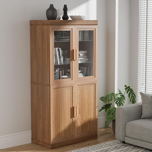 62 in. Tall Natural Wood 4-Shelf Standard Bookcase with Adjustable Shelves, Glass Doors Storage