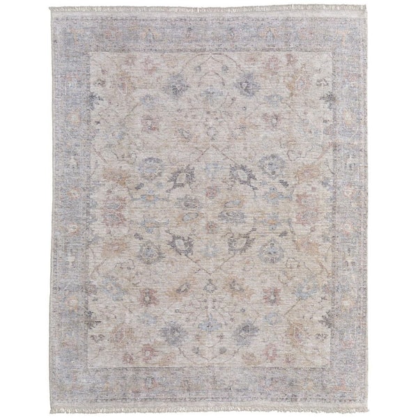 9 ft. x 12 ft. Ivory Tan and Blue Floral Hand Woven Distressed Area Rug with Fringe