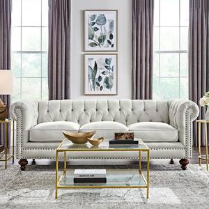 Blakely 95 in. Max Buff Natural Tweed Fabric 3 -Seater Chesterfield Sofa with Removable Cushions