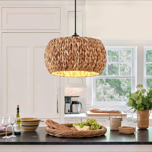 ZSMIHDOH 11.8 in. 1-Light Black and Natural Pendant Light with Rattan Shade, No Bulbs Included