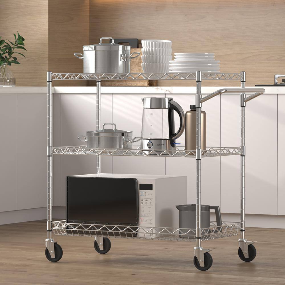 Silver 3-Tier Steel Utility Cart with Hooks and Wheels