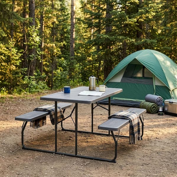Gardenised Gray Folding Picnic Table Set with Benches, Woodgrain