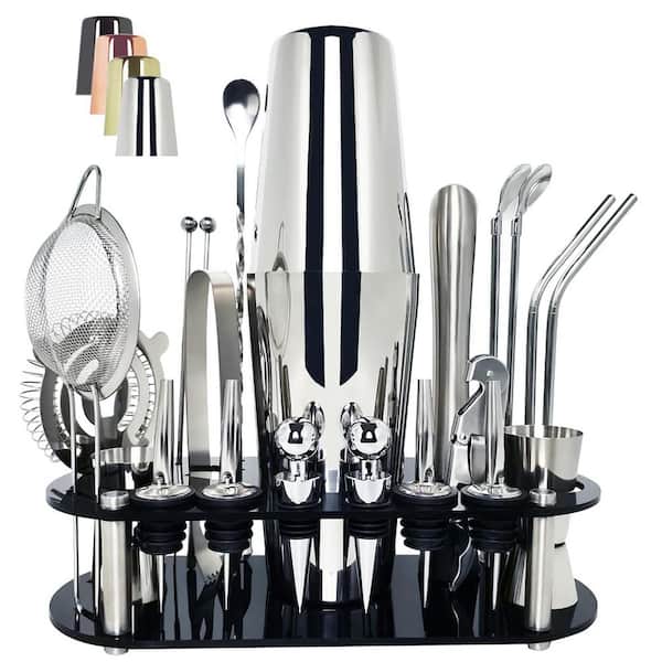 22-Piece Stainless Steel Bartender Tool Kit with Acrylic Stand, Silver, Includes Shaker, Jigger, Strainer, and More