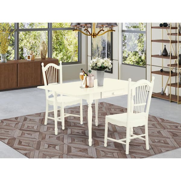 East West Furniture 3-Piece Linen White Finish Rectangular Solid Wood Top With Dropleaf Dining Table Set for Small Spaces