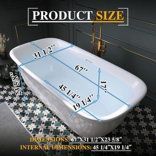 67 in. x 31.5 in. Acrylic Freestanding Flatbottom Double Ended Soaking Bathtub in White