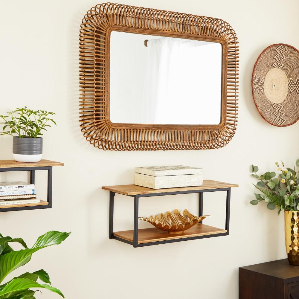 Brown Handmade Woven Rattan Rectangular Full Length Wall Mirror