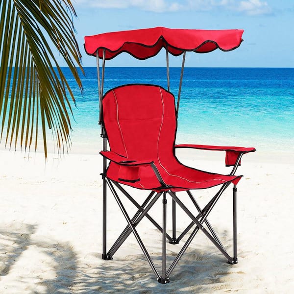 Red Portable Folding Beach Canopy Chair with Cup Holders Bag Camping Hiking Outdoor