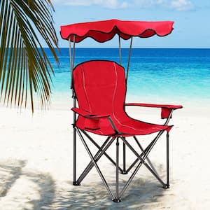 Red Portable Folding Beach Canopy Chair with Cup Holders Bag Camping Hiking Outdoor