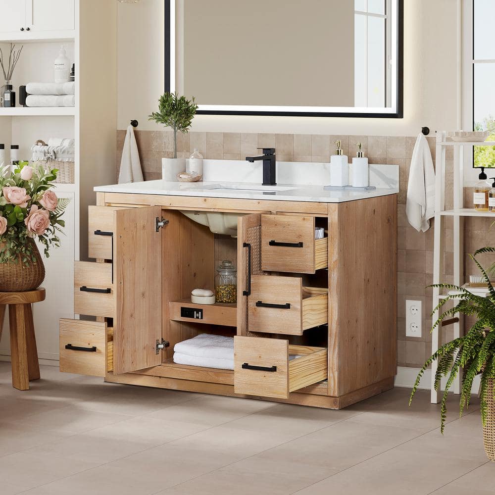 Light Brown Fir Wood Vanity with Calacatta Quartz Top, 48 Inch