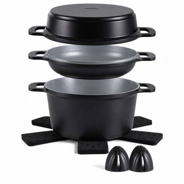 8-Piece 4.5 Qt. Ceramic Stock Pot with Lid, Cooking Pot Set, for All Stoves, Easy to Clean, Dishwasher Safe, Black