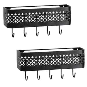 Mail Sorter Key Organizer Wall Mount, Metal Entryway Storage Organizer Basket with 5-Hooks for Coat, Keys (Set of 2)