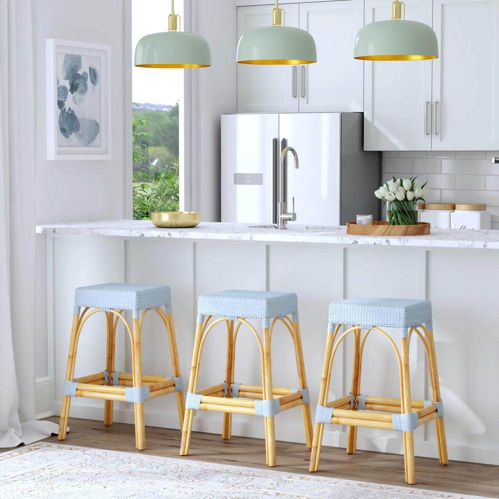 Baby Blue Rattan Backless Bar Stool with Natural Wood Frame