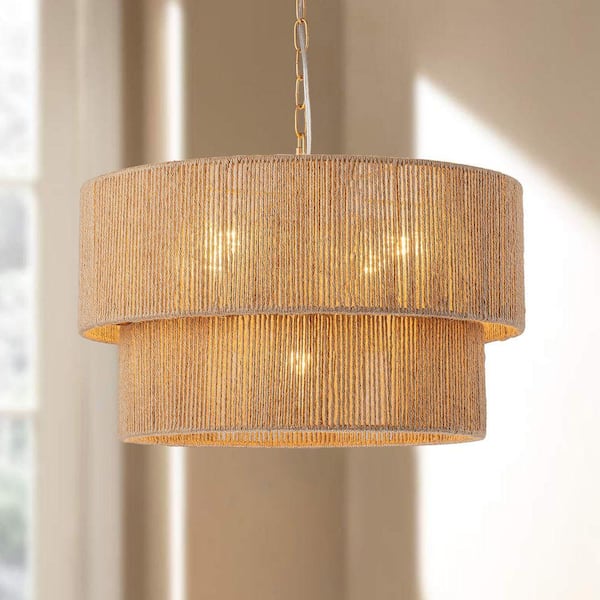 5-Light Yellow Bohemian 2-Tier Hand-Woven Rattan Drum Chandelier