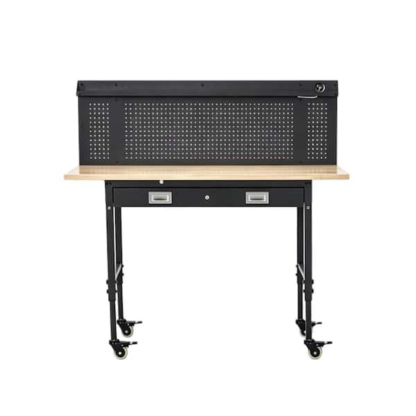 Steel Adjustable Workbench with Power Outlets, Rubber Wood Top,  Wheels, Rolling Work Benches for Garage, Workshop