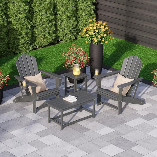 WESTIN OUTDOOR Aderson 4-Piece All Weather Outdoor Patio Gray Plastic Adirondack Cup Holder Chairs and Table Converstation Set